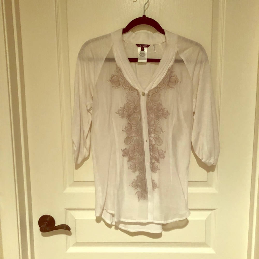 Nic + Zoe Embroidered White 3/4 Sleeve Blouse